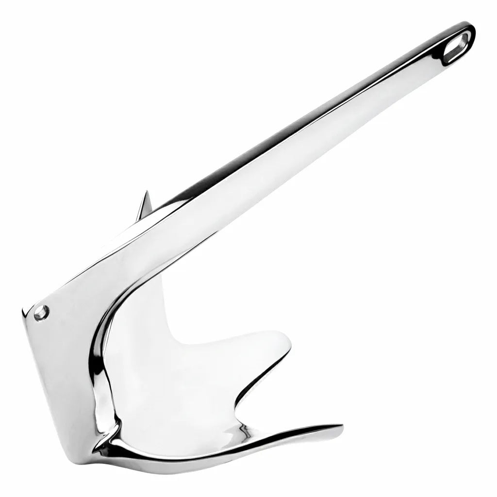 High-angle view of a mirror-polished 316 stainless steel Bruce-style claw boat anchor on a clean white background, showcasing precision silica sol casting and sleek geometry.
