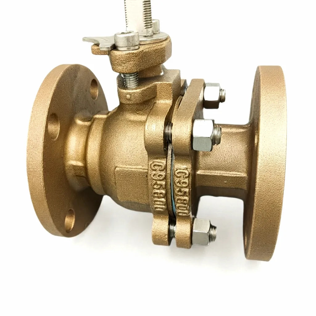 C95800 Marine Bronze Flanged Ball Valve with integrated position indicator, high-pressure design, ideal for robust industrial marine plumbing systems.