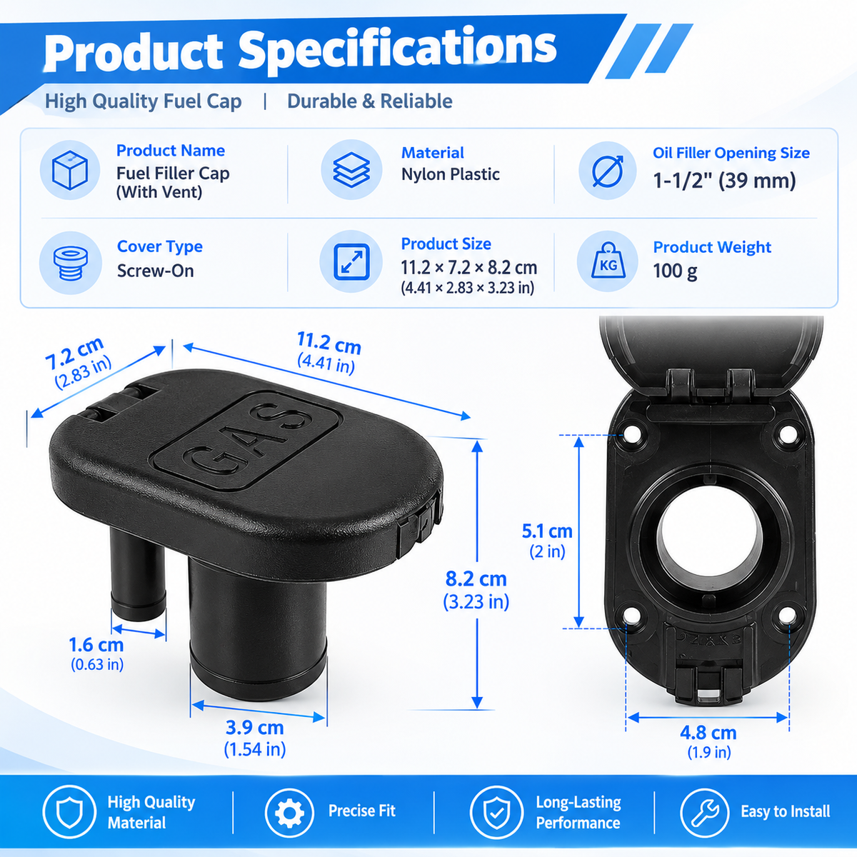 Marine Flip-Top Fuel Filler Cap - UV-Stabilized Nylon with Integrated Gas Vent