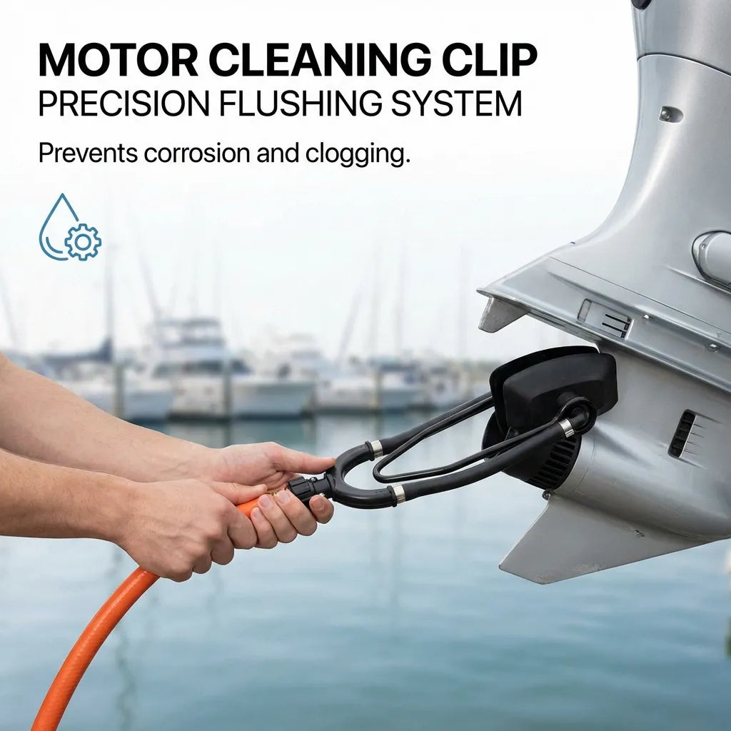 Person attaching the dual-feed flusher to a silver outboard motor at a marina using a standard garden hose.