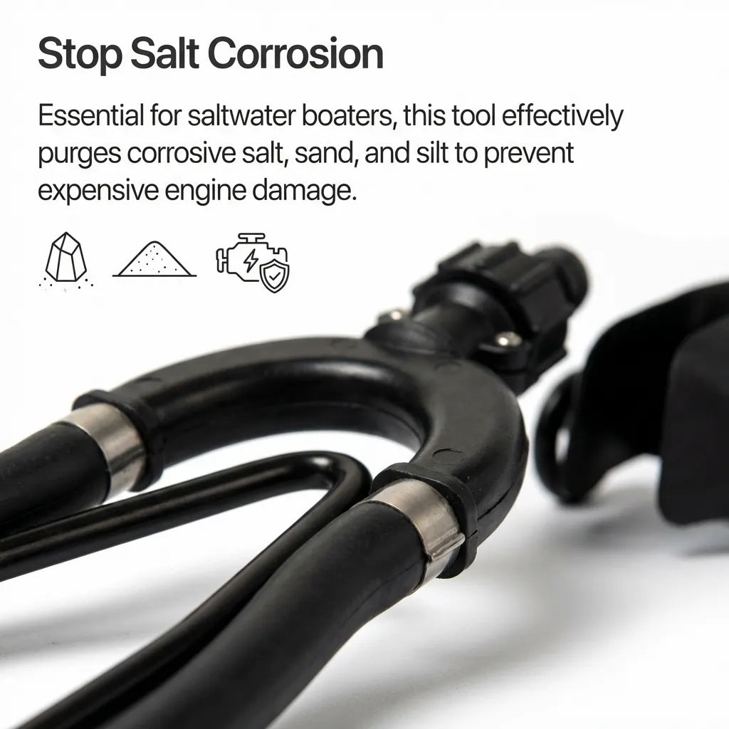 Graphic showing the tool purging corrosive salt, sand, and silt to prevent expensive engine damage for saltwater boaters.