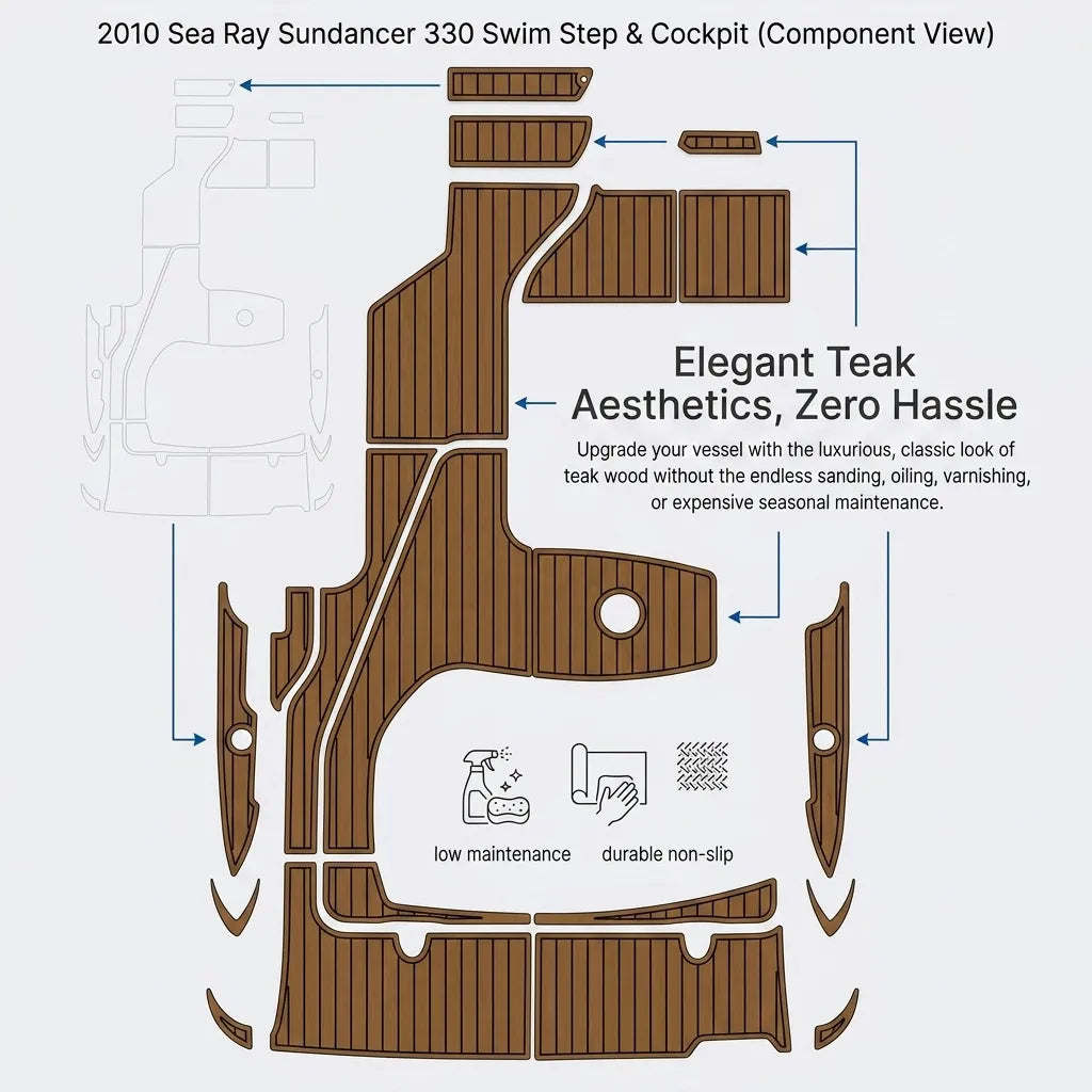 Technical component map illustrating individual pieces of the Sea Ray 330 decking layout with zero-maintenance teak wood aesthetics.
