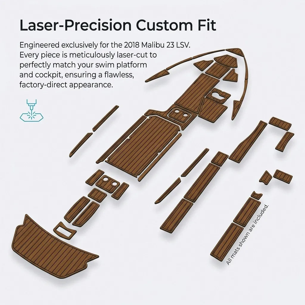Precision laser-cut custom fit diagram showcasing individual EVA foam decking pads matching the 2018 Malibu 23 LSV swim platform and cockpit.