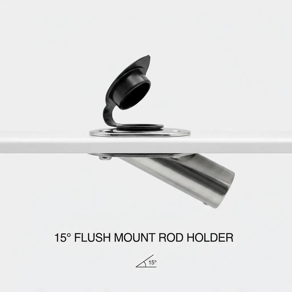 Side profile view of a 15-degree flush mount rod holder showing the recessed circular tube construction through a boat deck.