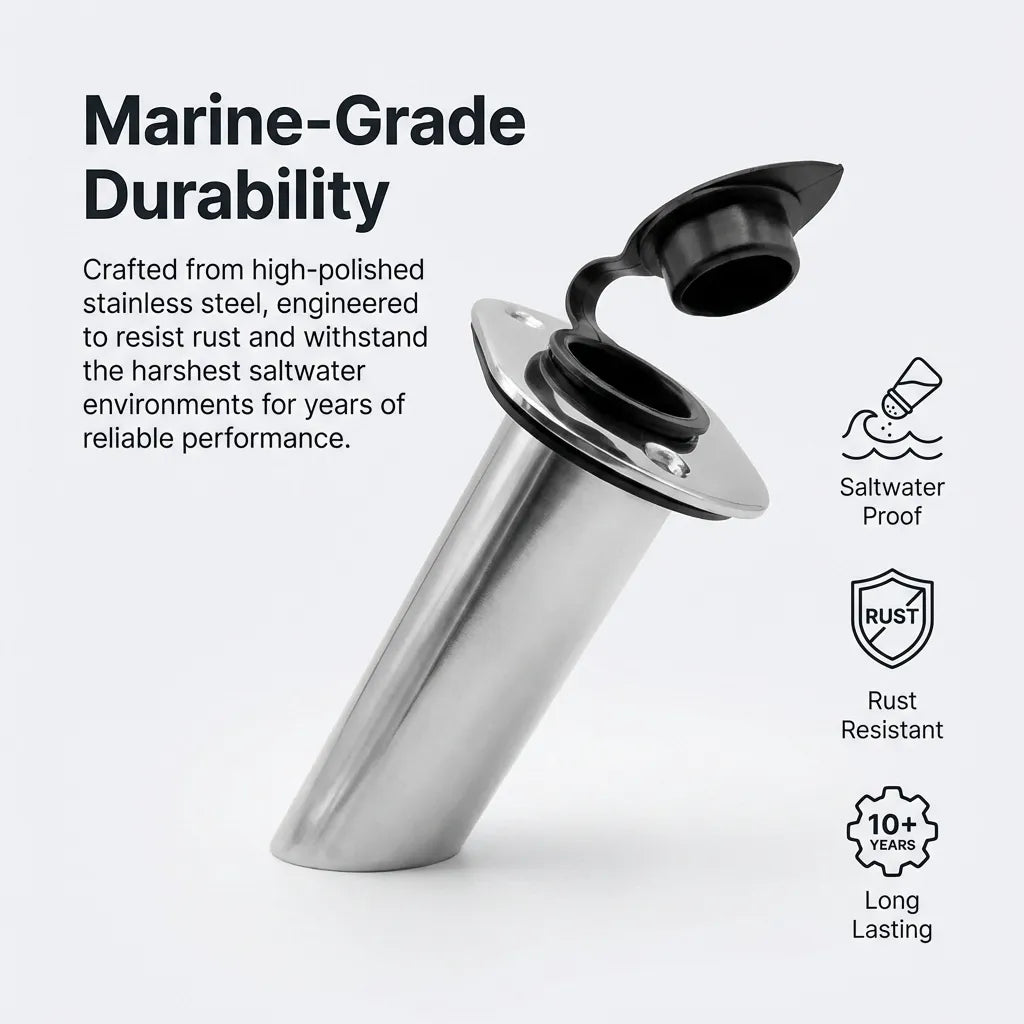 Infographic detailing marine-grade durability with icons for saltwater proof, rust resistant, and 10+ year longevity for high-polished stainless steel.