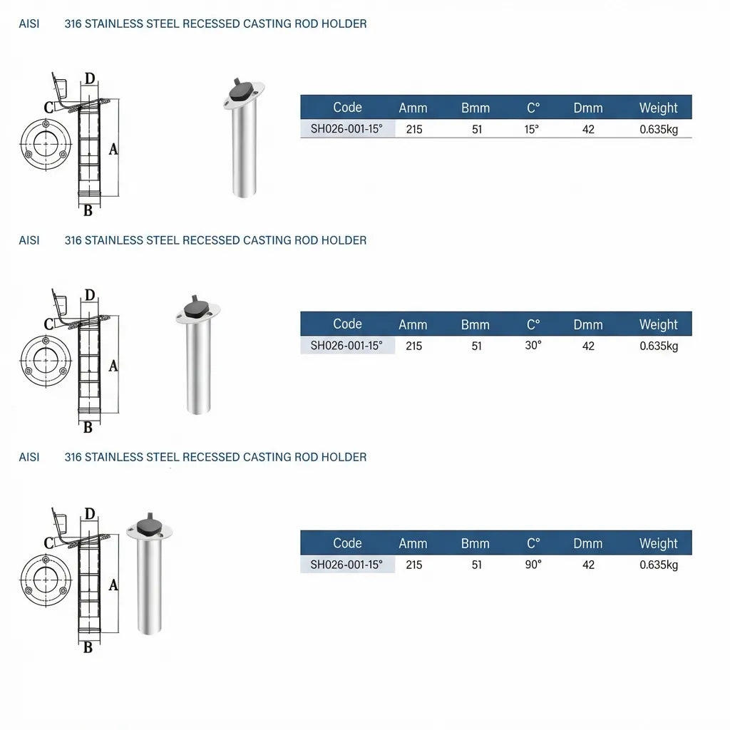 OCR technical specification sheet for SH026-001 models showing 215mm length, 51mm tube diameter, and 0.635kg weight in 316 stainless steel.