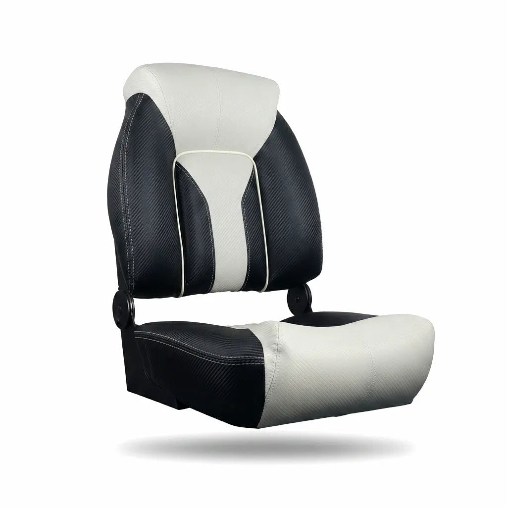 Foldable marine boat seat with black carbon fiber texture and light grey smooth marine vinyl upholstery on a white background
