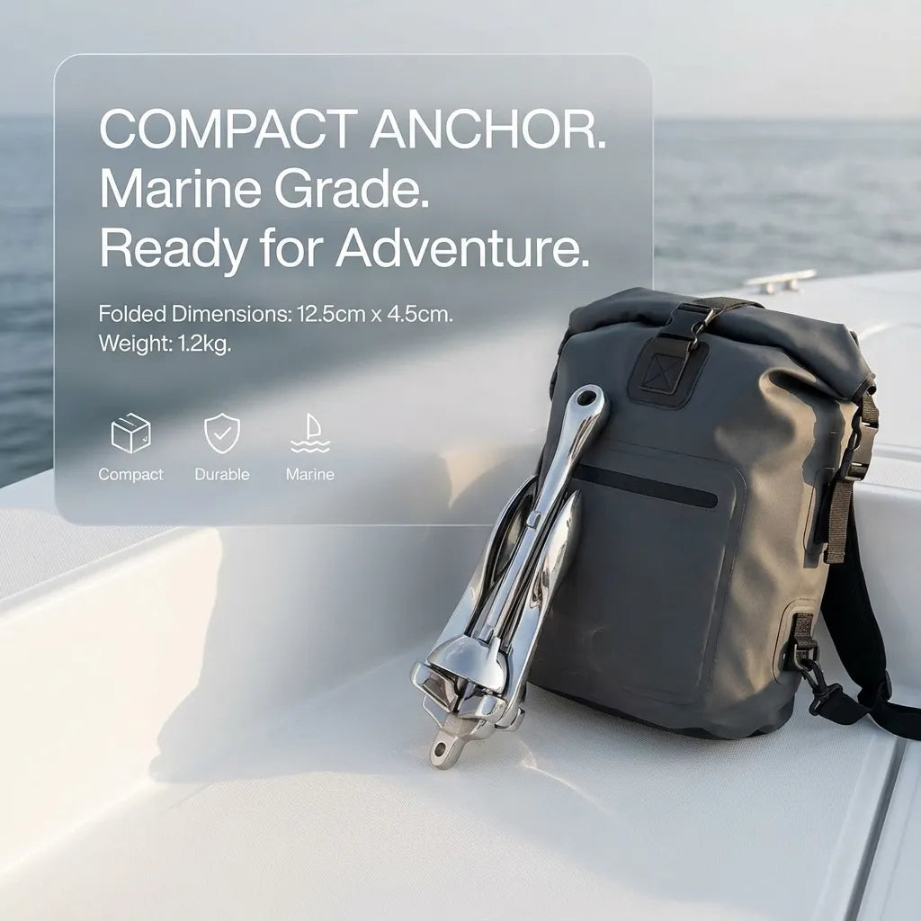 The grapnel anchor in its folded state resting against a waterproof marine backpack on a boat deck illustrating compact storage dimensions of 12.5cm x 4.5cm.