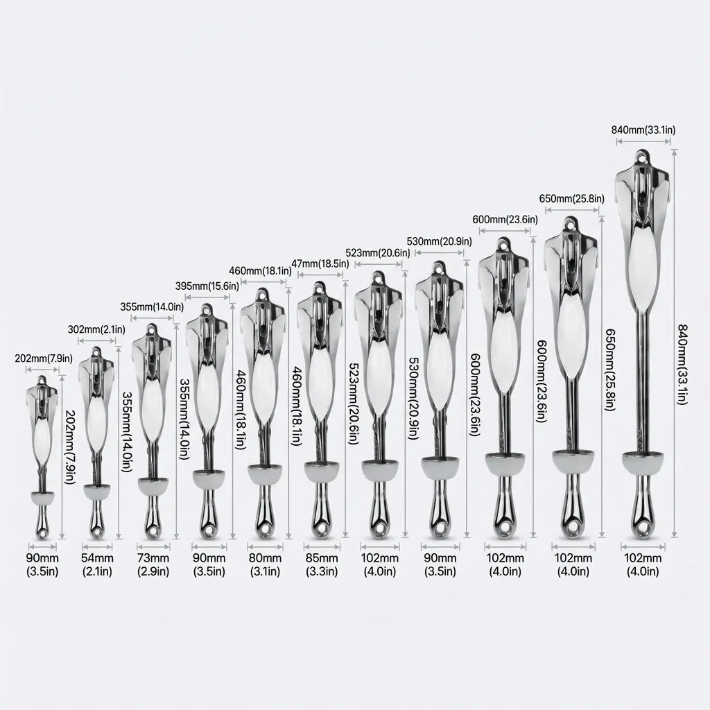 Dimensional diagram showing the full range of anchor sizes from 202mm to 840mm in height and corresponding fluke widths.