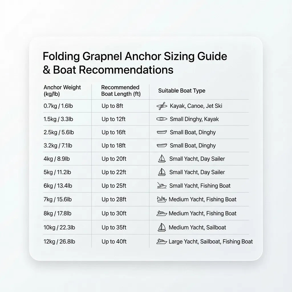 Anchor sizing chart matching weights from 0.7kg to 12kg with recommended boat lengths up to 40ft and vessel types from kayaks to large yachts.