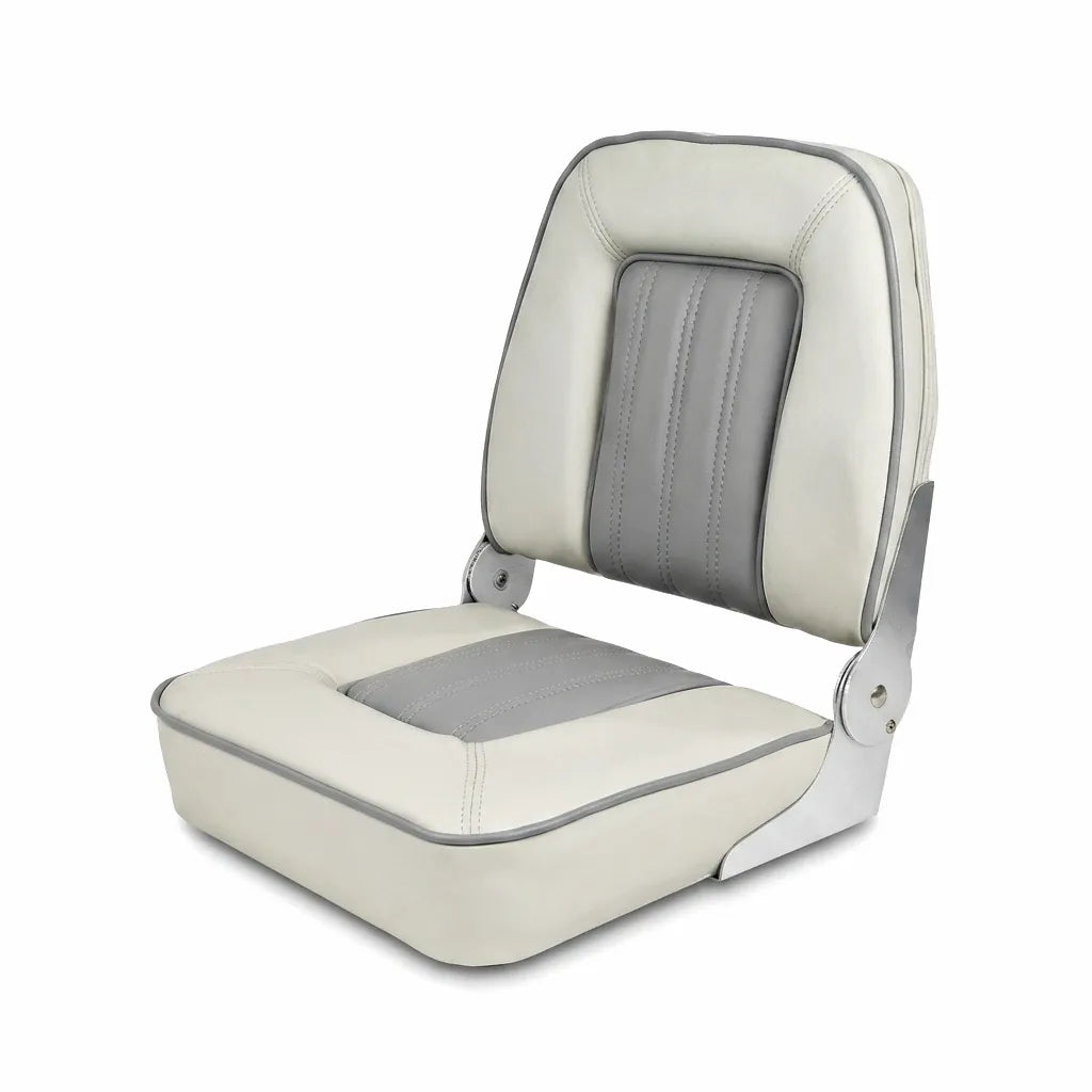 Premium folding marine boat seat in white and grey marine-grade vinyl with heavy-duty polished aluminum hinges, designed for durability.
