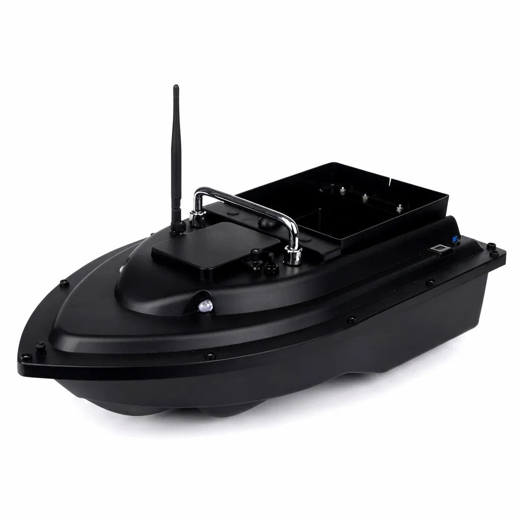 Black remote-controlled bait boat with antenna and large bait hopper, showcasing a robust, hydrodynamic ABS hull design for marine fishing.