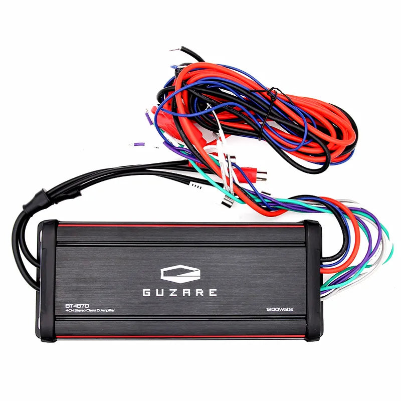 Guzare BT4870 1200W 4-Channel Class D Marine Amplifier with wiring harness on white background