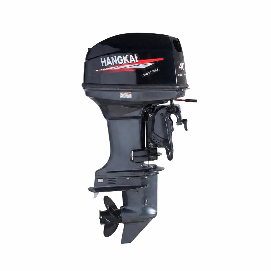 Hangkai 40HP two-stroke water-cooled outboard motor featuring a high-gloss black finish and marine-grade components, isolated on a white background.