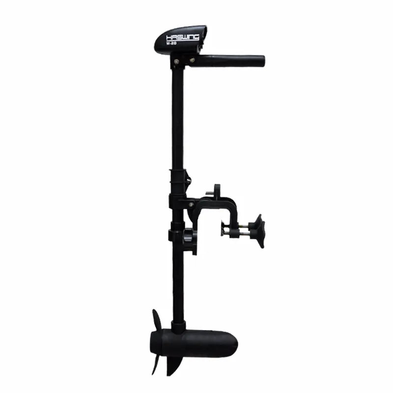 Haswing W-20 Electric Trolling Motor with 20 lbs Thrust, 12V, compact design, black finish, featuring motor head, shaft, mounting bracket, and two-blade propeller on white background.