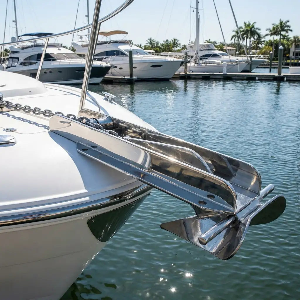 Close-up of the stainless steel bow roller installed on a yacht bow with an anchor chain and Delta anchor deployed.