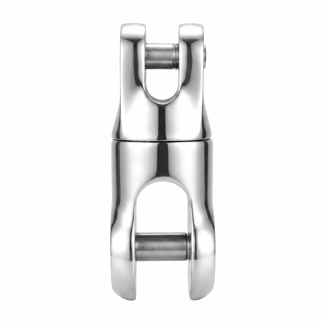 Close-up view of a mirror-polished 316 stainless steel heavy-duty anchor swivel connector on a pure white background, showcasing its robust construction and precision machining.