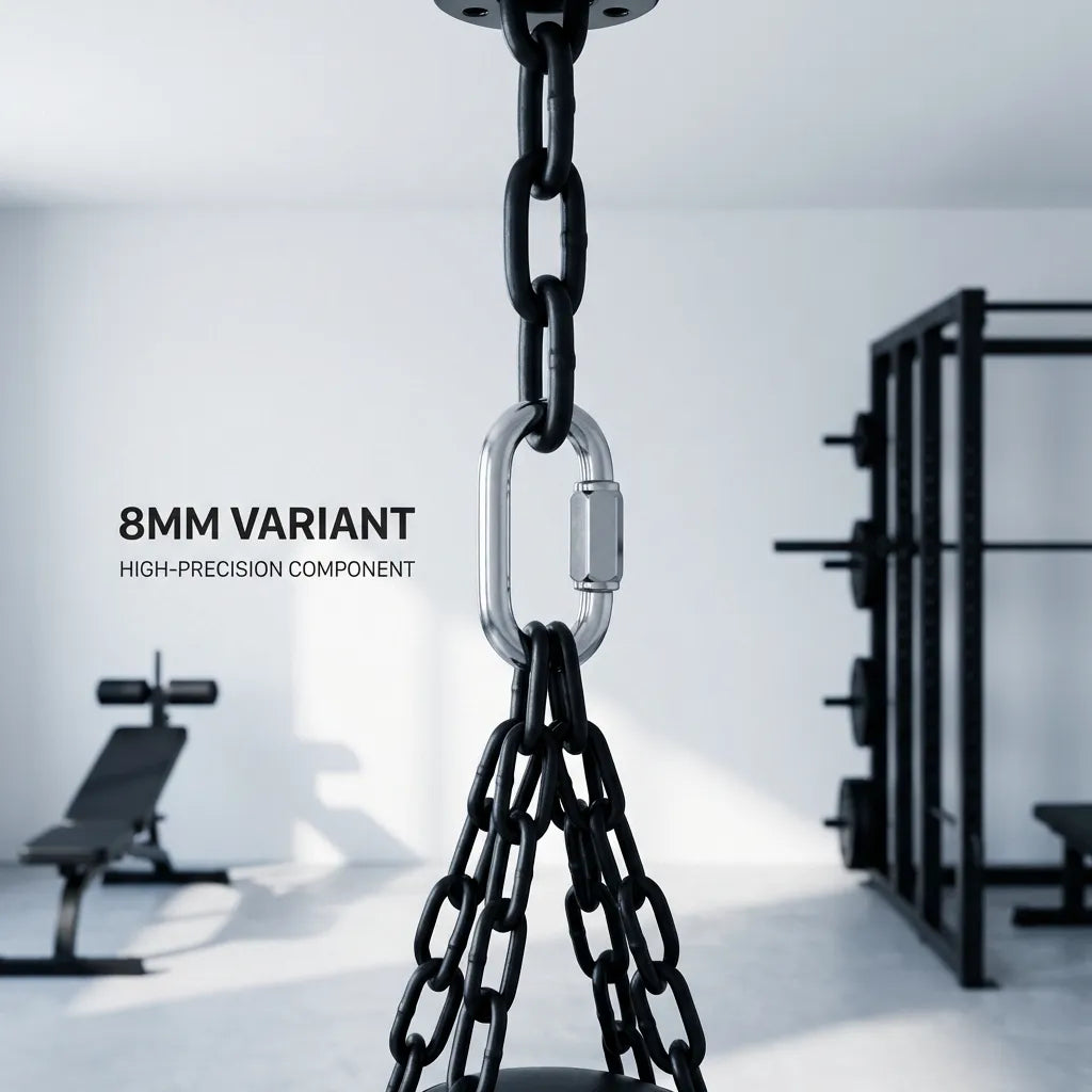 8mm variant quick link used as a high-precision component for hanging a heavy punching bag in a gym setting.