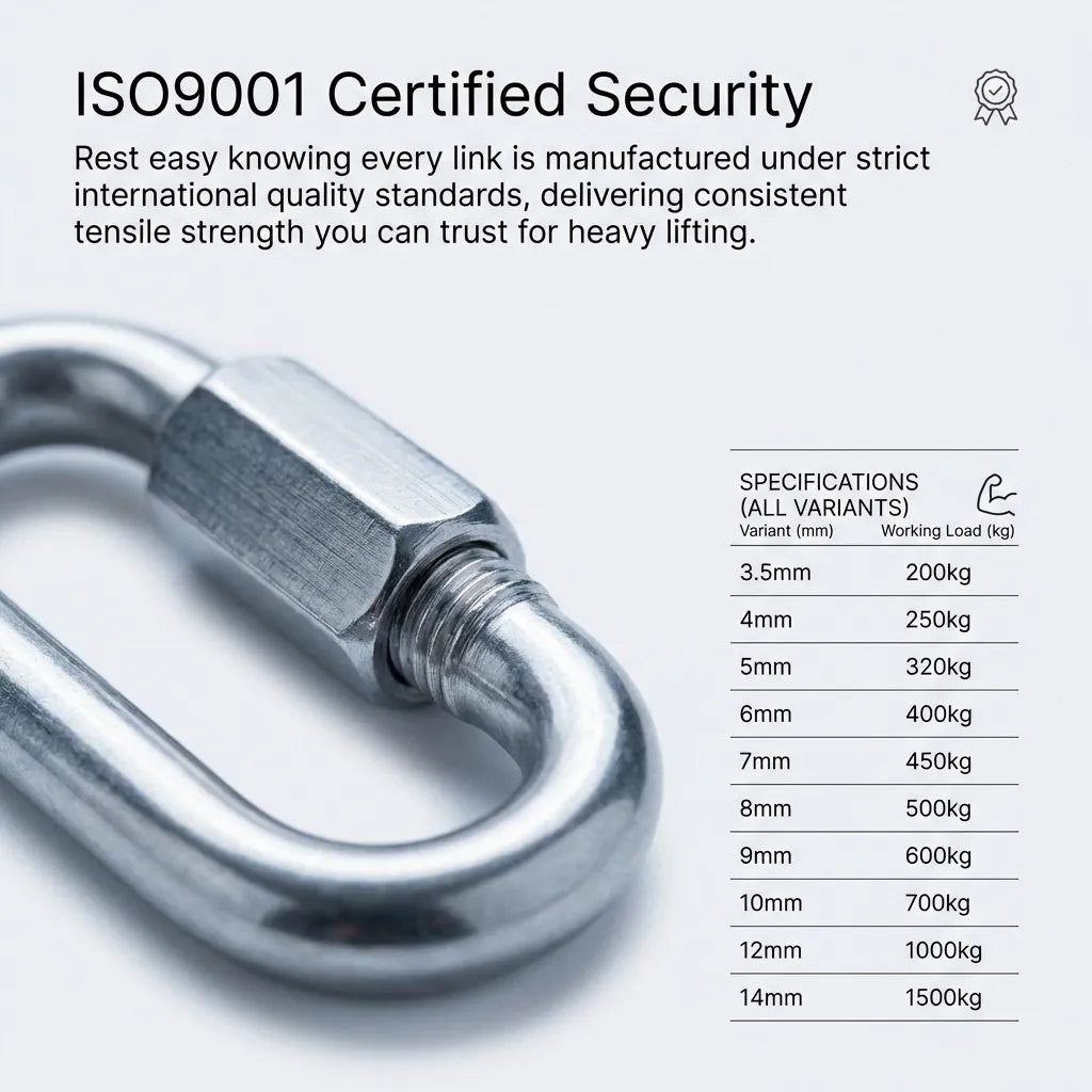 ISO9001 Certified Security diagram showing working load limits (WLL) for variants from 3.5mm (200kg) to 14mm (1500kg).
