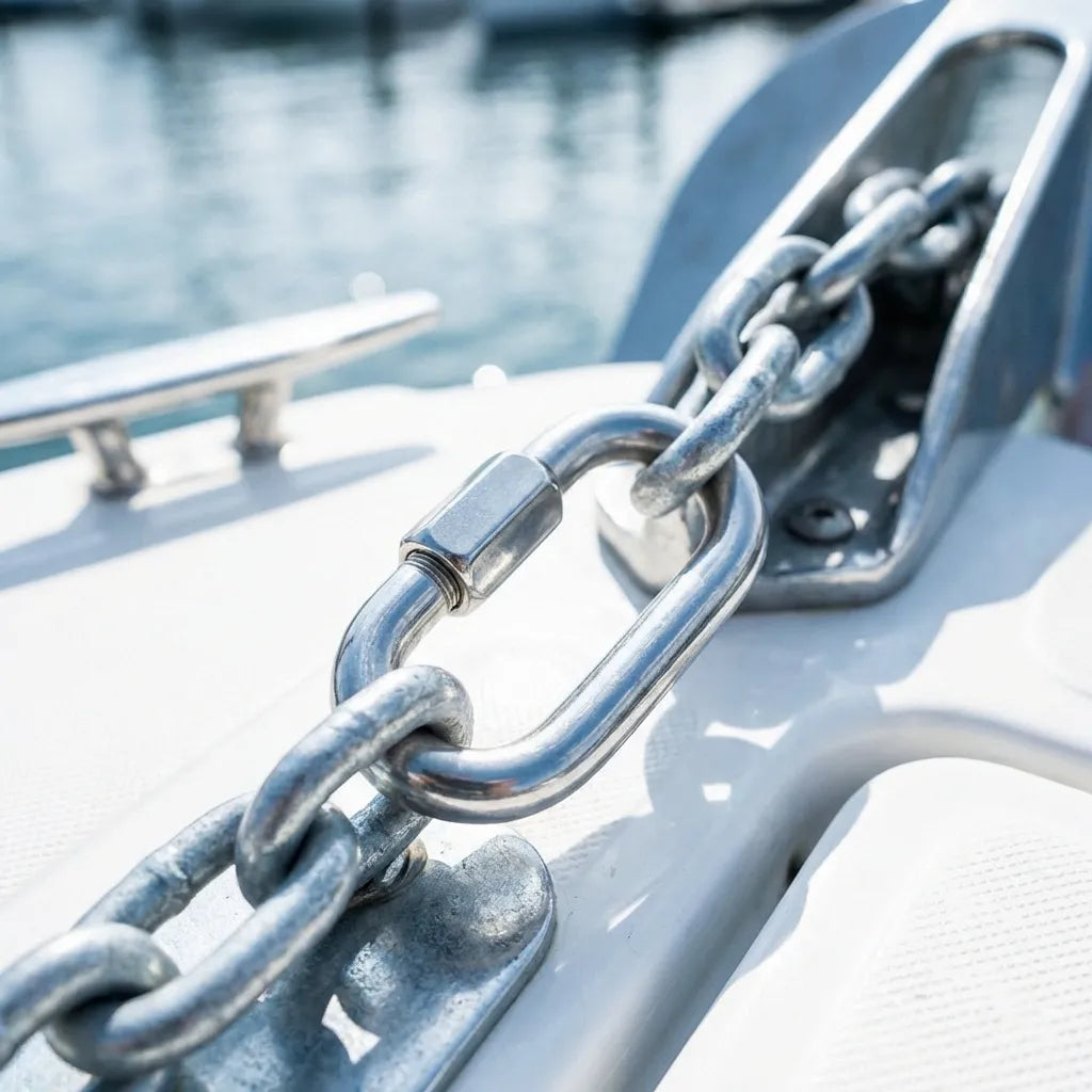 Close-up of a galvanized quick link securing a marine anchor chain on a boat deck, demonstrating saltwater corrosion resistance.