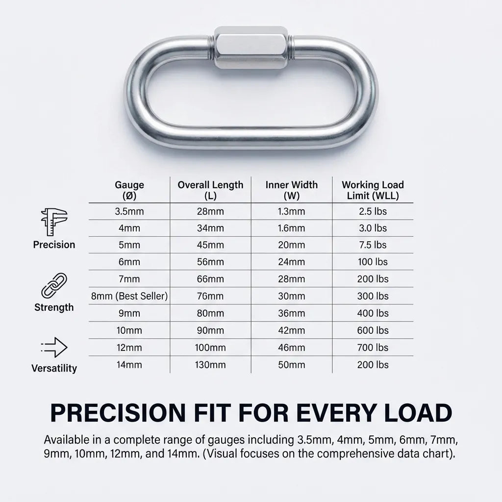 Comprehensive dimension chart for quick links showing gauge, overall length, inner width, and working load limits in lbs.