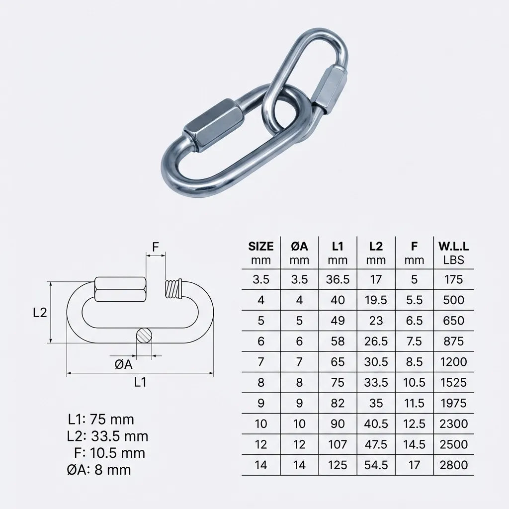 Detailed technical drawing with L1, L2, and diameter markers paired with a WLL tensile strength table up to 2800 lbs.
