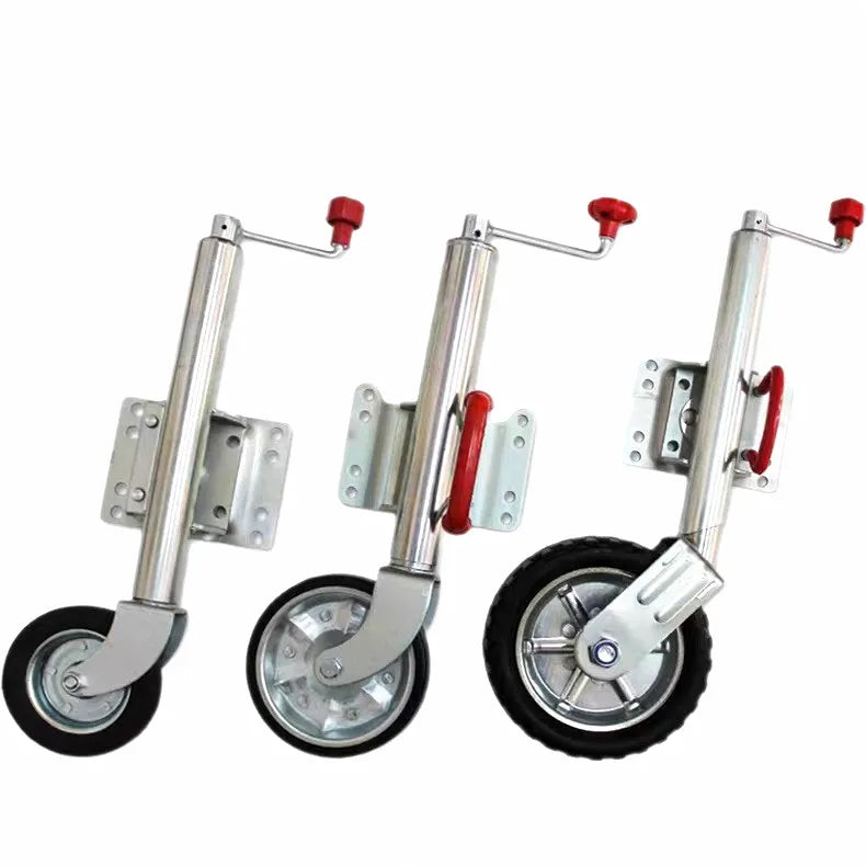 Three heavy-duty pivot guide wheel jacks for RVs, boat trailers, and yachts, shown on a pure white background, highlighting their robust construction and versatile design.