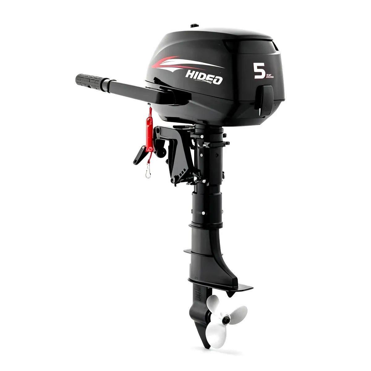 Hideo 5HP Four-Stroke Outboard Motor for Inflatable Boats on white background, showing propeller and tiller control