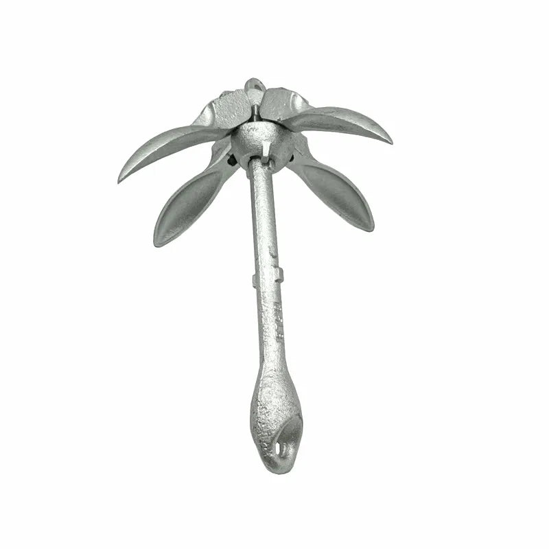 Hot-Dip Galvanized Carbon Steel Folding Grapnel Anchor with open flukes for secure mooring of small boats.