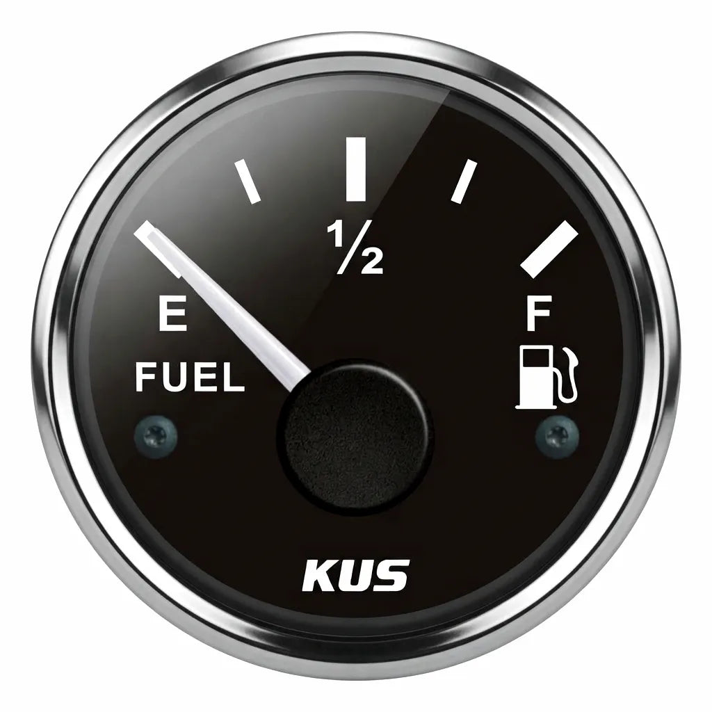 KUS Marine Fuel Level Gauge with Black Dial and Mirror-Polished 316L Stainless Steel Bezel, 12/24V, Showing Empty Fuel Level