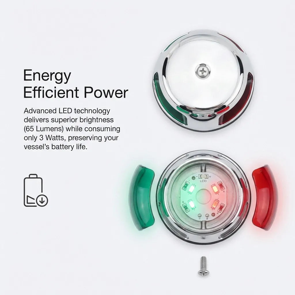 Internal view diagram showcasing the energy-efficient 3-watt LED array producing 65 Lumens for minimal battery drain.