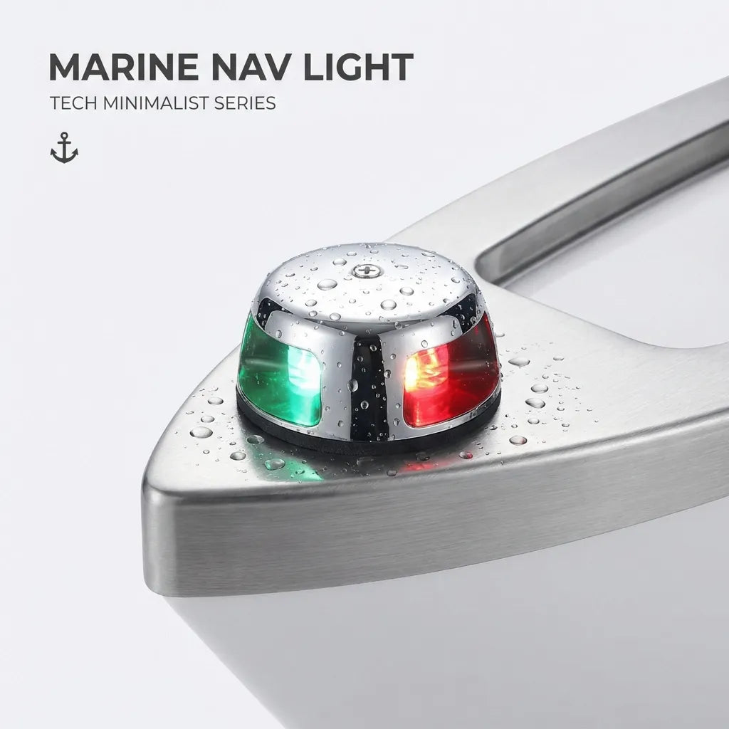Extreme close-up of the marine-grade light showing water droplets on the mirror-finish stainless steel surface, highlighting its hydrophobic properties.