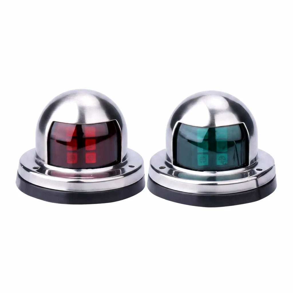 Pair of polished 304 stainless steel LED navigation lights, featuring a red port light and a green starboard light for marine vessels, displayed on a pure white background.