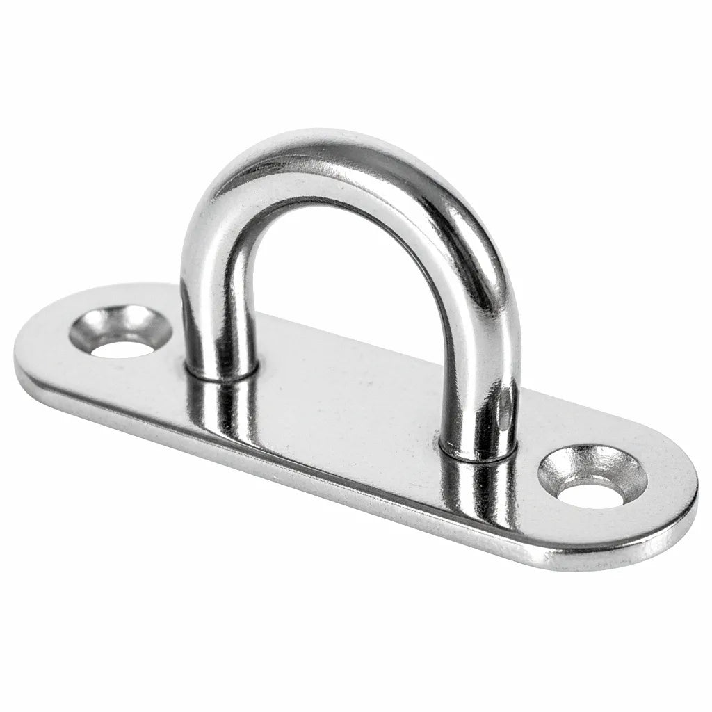 Libonda 316 Stainless Steel Oblong Pad Eye Plate on a pure white background, showing the precision-cast u-bolt and mirror-polished base.
