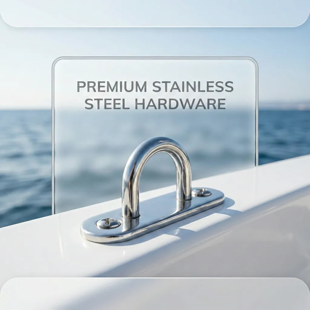 A high-polished stainless steel pad eye plate installed on a white boat deck against a blurred ocean horizon, emphasizing marine-grade quality.