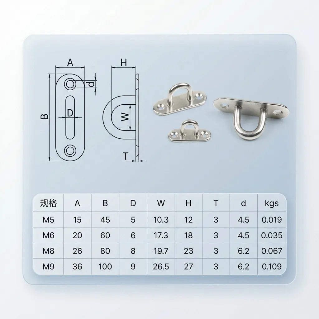 Technical drawing and dimension table for M5, M6, M8, and M9 sizes showing base width, length, and eye height specifications.