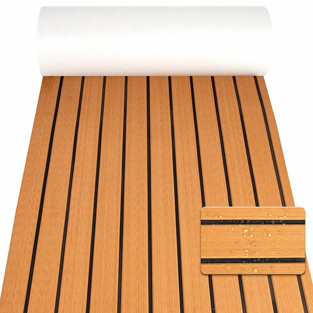 Light brown EVA foam marine decking roll with black faux teak lines and peel-and-stick adhesive backing, shown with water beading for anti-slip and waterproof performance.