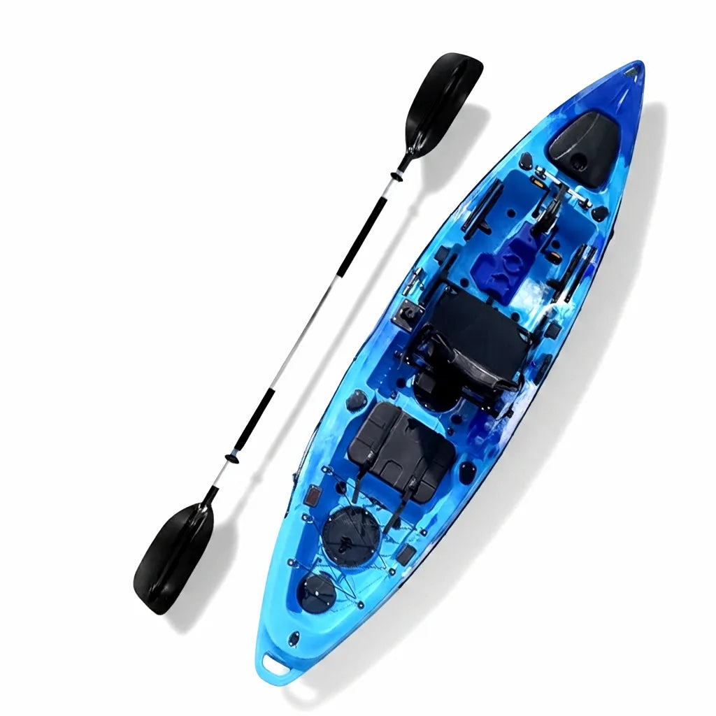 Top-down view of blue camouflage LLDPE single-person fishing kayak with black paddle on a clean white background.
