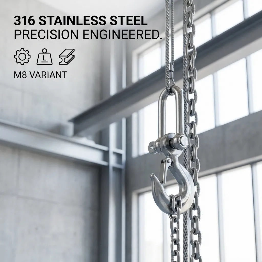 M8 variant stainless steel shackle used in an industrial hoisting application with a heavy-duty chain and hook.