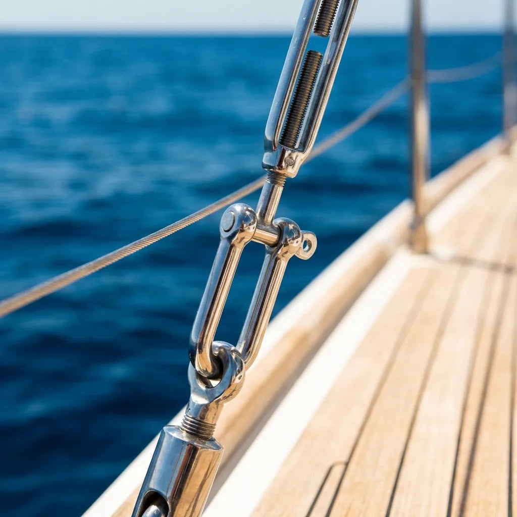 A long D shackle installed on a sailboat deck as part of the rigging and turnbuckle assembly in a saltwater environment.