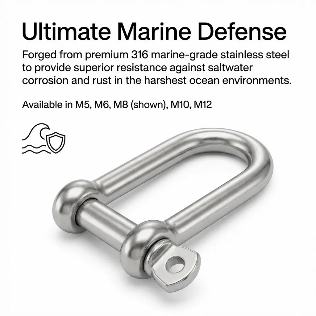 Infographic highlighting 316 stainless steel corrosion resistance and availability in M5, M6, M8, M10, and M12 sizes.