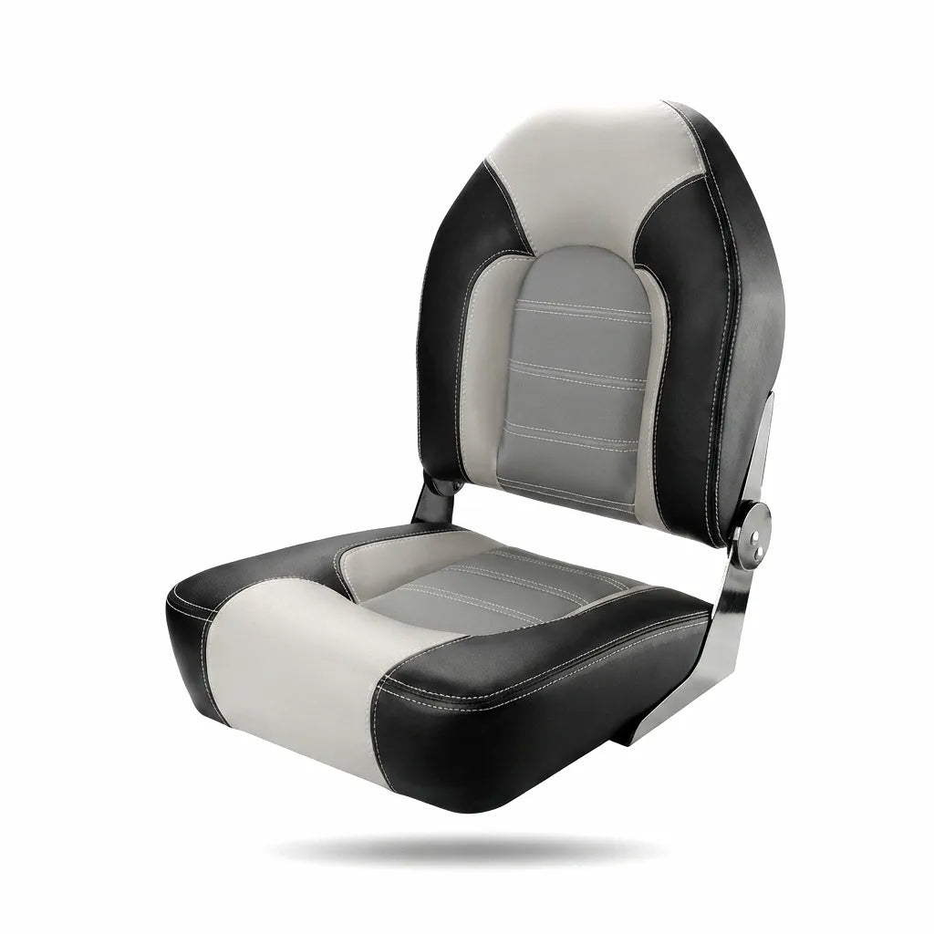 Premium marine folding boat seat with black, light grey, and medium grey marine-grade vinyl upholstery, featuring an aluminum hinge and white contrast stitching, presented on a pure white background.