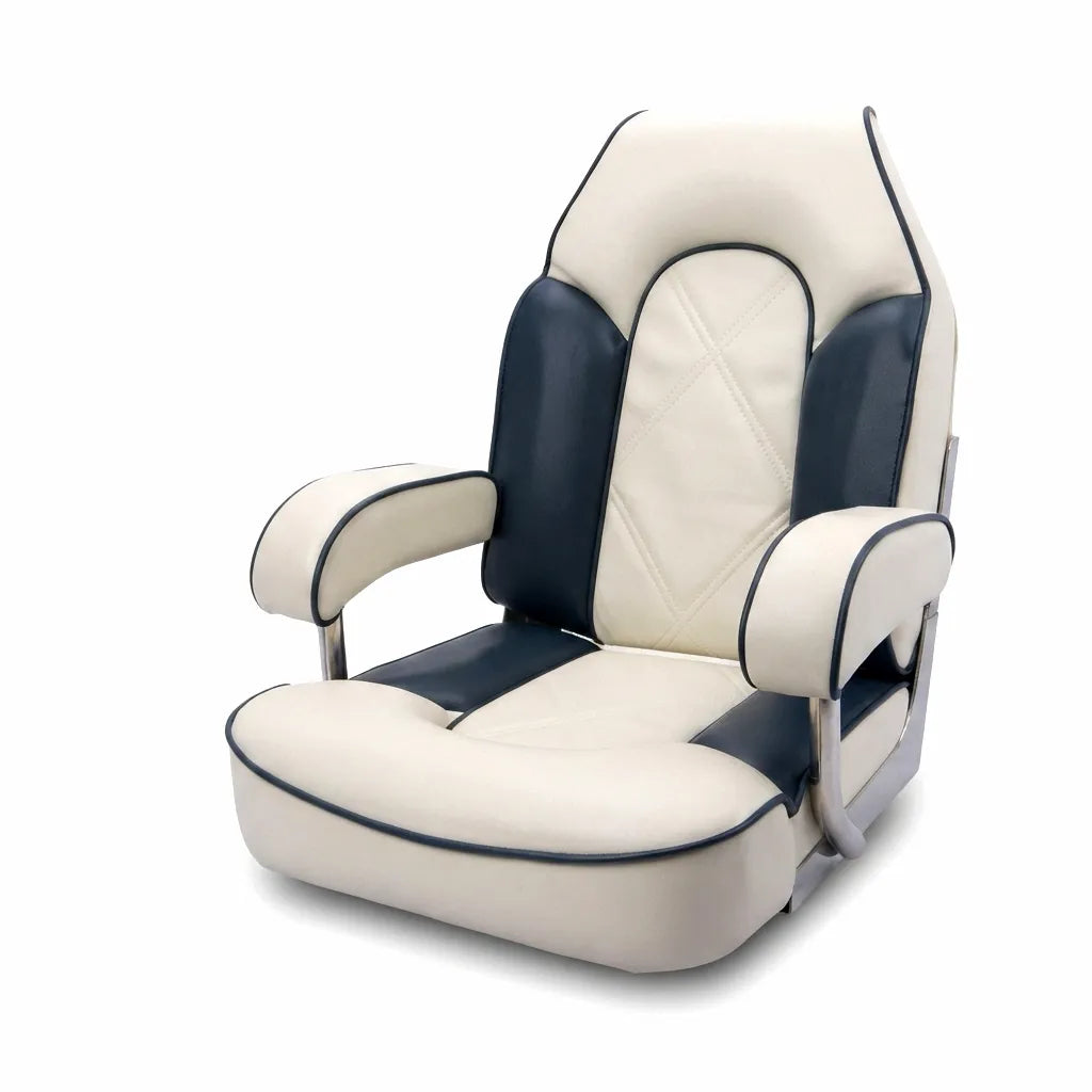 Close-up front view of a luxury marine captain's chair with cream and navy UV-resistant marine-grade vinyl upholstery and a polished 316 stainless steel frame.