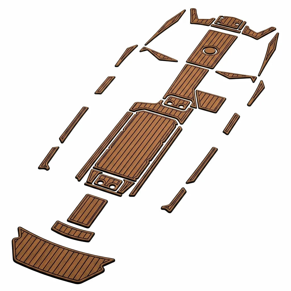 Complete multi-piece CNC-routed faux teak EVA foam decking kit in brown with black stripes on a clean white background, custom-cut for the Malibu 24 MXZ.