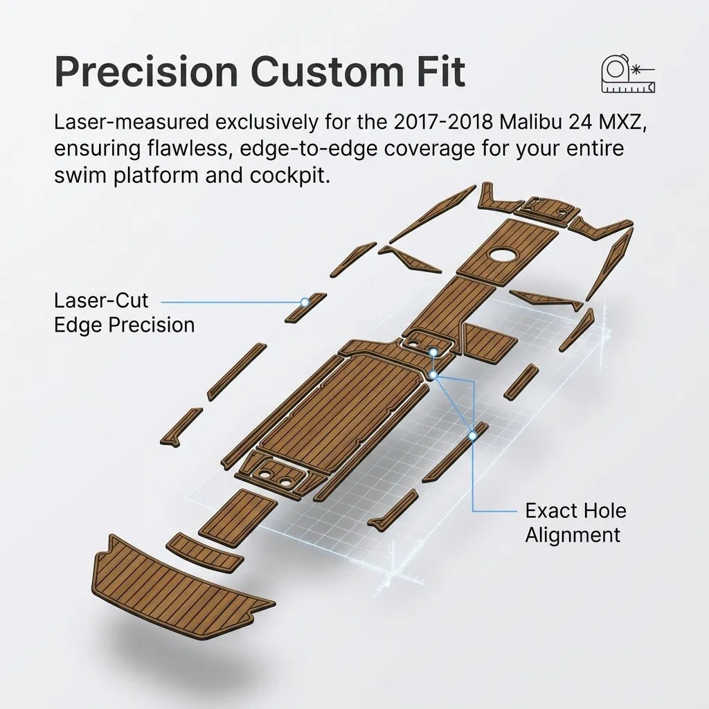 Product diagram detailing laser-cut edge precision and exact hole alignment customized for 2017-2018 Malibu 24 MXZ swim platforms and cockpit.