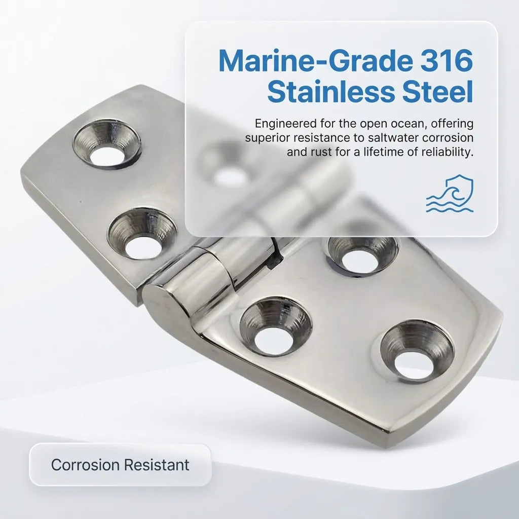 Close-up of the 316 stainless steel surface with text highlighting superior saltwater corrosion resistance and lifetime reliability.