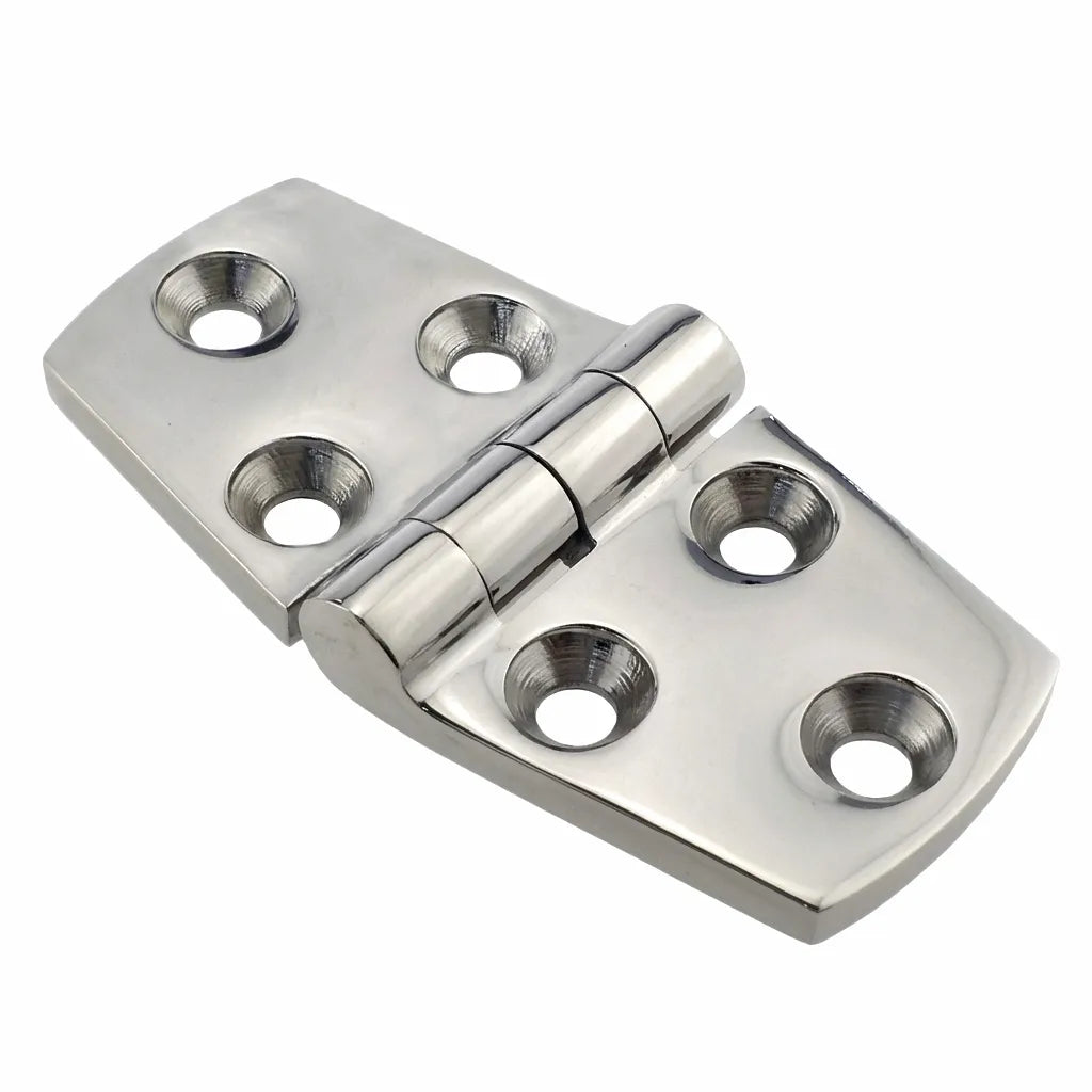 High-precision 316 stainless steel boat hinge featuring a mirror-polished finish and six-hole mounting design on a pure white background.