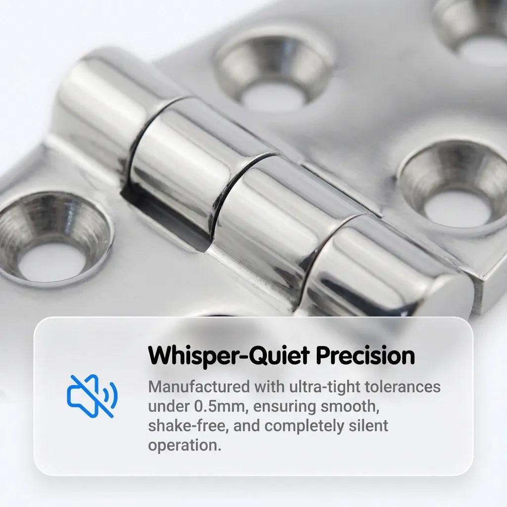 Macro shot of the hinge barrel showing ultra-tight tolerances under 0.5mm for silent, shake-free operation.