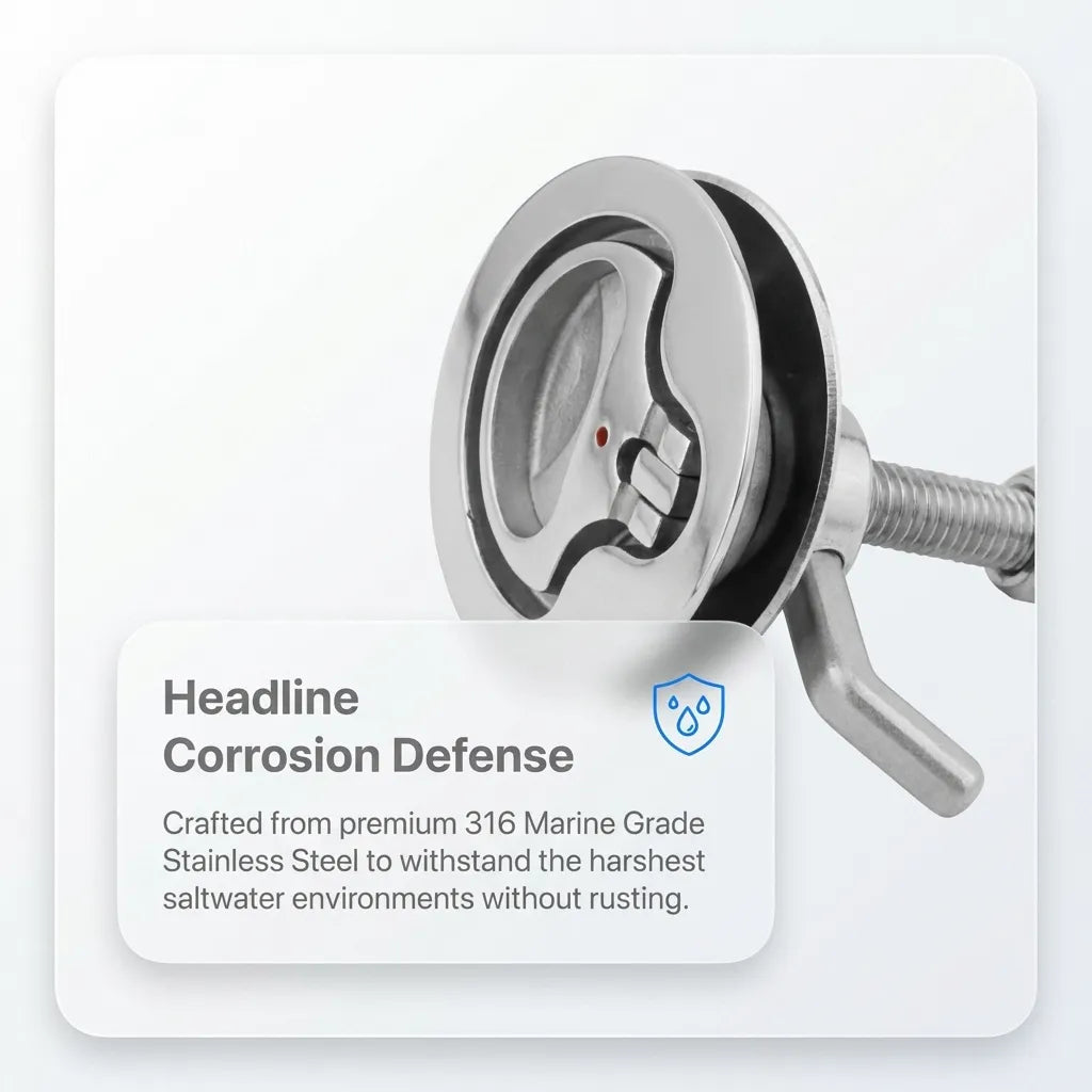 Detail view of the latch with 'Corrosion Defense' icon, emphasizing the premium 316 marine grade stainless steel construction.