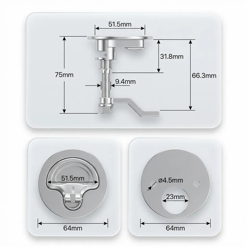 Technical blueprint showing 64mm flange diameter, 51.5mm handle width, and adjustable depth for the marine turning lock.